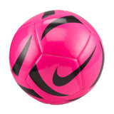 Pink soccer ball with black swoosh logo on a white background