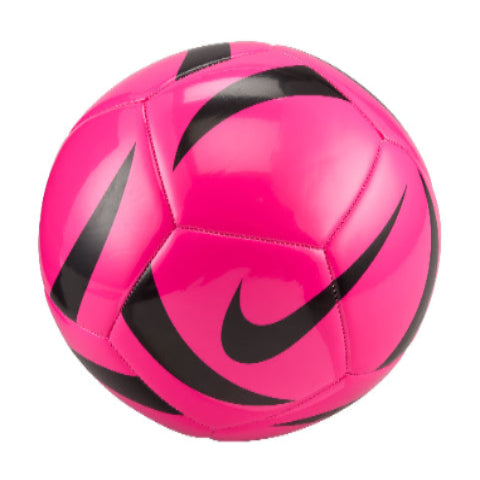 Pink soccer ball with black swoosh logo on a white background